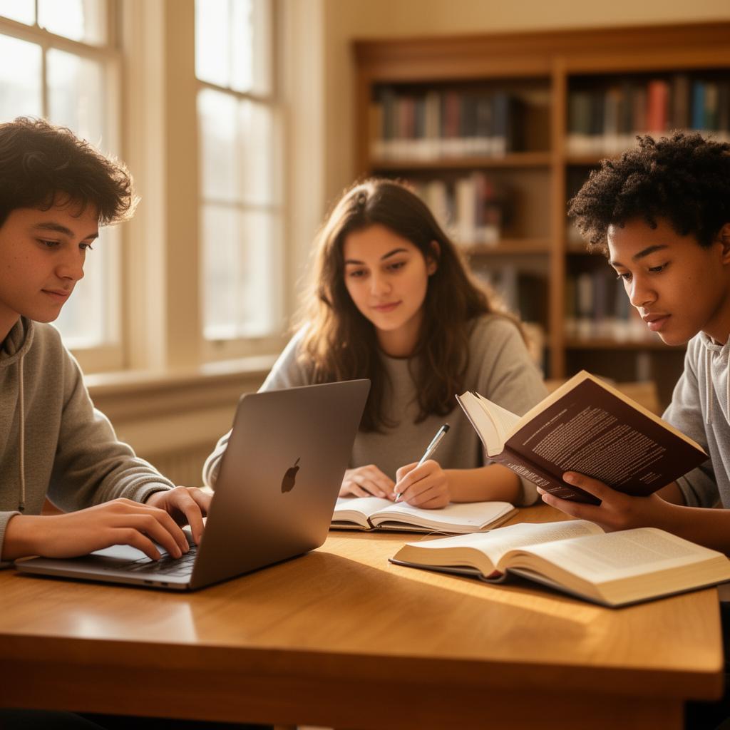Studierende lernen gemeinsam in der Bibliothek mit Laptop und Büchern